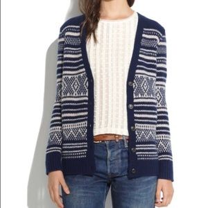 Madewell Stitchstripe Wool Cozy Cardigan Blue Cream V Neck Printed